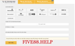 Cách rút tiền Five88 qua ngân hàng